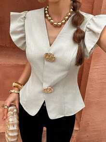 Elenzya Cárdigan de mujer elegante con decoración de hebilla metálica de unicolor y mangas abullonadas, blusa refinada de mujer - Rosa - Ver 1
