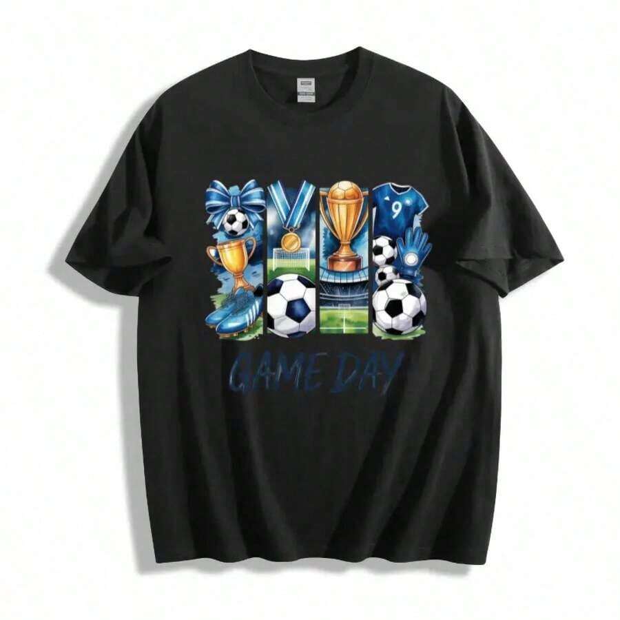Nueva Camiseta Casual de Verano [100% Algodón] HIPTEE Marca Genérica, Diseño Gráfico de Trofeo de Campeón, Camiseta de Manga Corta de Algodón Casual para Hombres y Mujeres, Ideal para Aficionados al Fútbol, Ropa para el Día del Partido, Regalos para Partidos de Fútbol - Ropa Diaria Unisex para Hombres y Mujeres - Estilo Urbano Vintage, Camiseta Unisex Holgada de Algodón de Manga Corta con Cuello Redondo - Negro - Ver 1