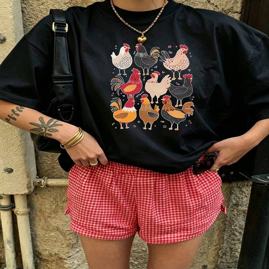 Cute Daily Casual Graphic T-Shirt 100% Cotton Oversized Soft Breathable Casual Crewneck Short Sleeve Top Aesthetic Daily Fashion Lovers Casual Wearers Gift Givers Basic - 黑色 - 查看 1
