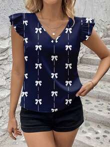 Blusa informal de mujer con cuello en V y decoración de lazo, adecuada para el verano - Multicolor 4 - Ver 3