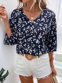 LUNE Camisa casual de mujer con cuello en V y mangas 3/4 con estampado floral diminuto - Multicolor - Ver 3