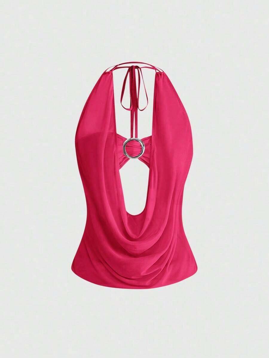 Hippie Camiseta sin espalda con cuello en V profundo, estilo vintage y holgado, para mujer (incluye forro de top tubo) - Rosa Fucsia - Ver 1