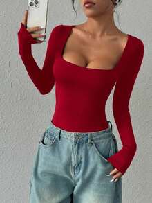 Unity Body de manga larga para mujer, color marrón, ajuste ceñido, minimalista, versátil para ir al trabajo - Burdeos 2 - Ver 4