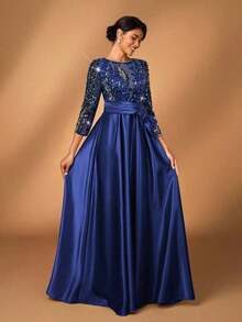 y lujoso vestido de manga larga transparente con bordado de encaje floral, con perlas y lazo con diamantes, con vuelo.Adecuado para boda, fiesta, vacaciones, baile de graduación, vestido de noche para novia, madre de la novia - Azul marino - Ver 5