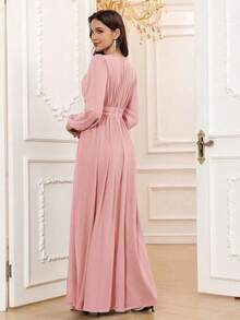 Vestido de dama de honor formal de gasa de manga larga hasta el suelo con corte evasé, color borgoña elegante, vestido de invitada de boda, mangas sin forro, primavera - Rosa Pálido - Ver 2