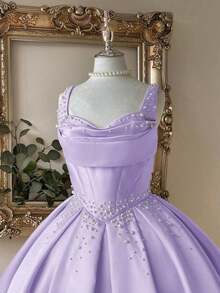 Vestido elegante, lujoso y noble de estilo palaciego con hombros abiertos, escote corazón sin tirantes, silueta de sirena, decoración de perlas falsas y bajo acampanado, adecuado para despedida de soltera, boda, graduación, vacaciones y fiesta de - Morado Violeta - Ver 2