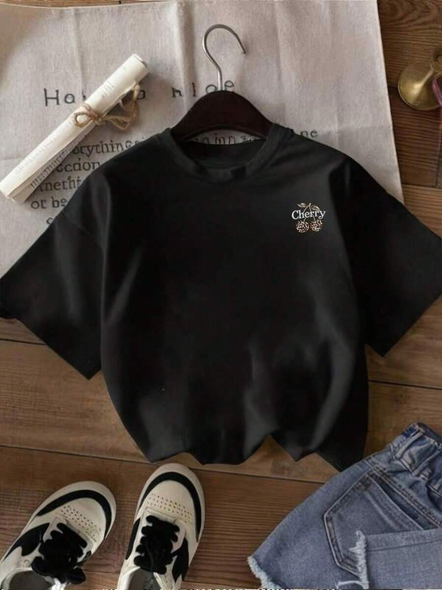 New 2026 Camisetas Para Mujer,Cómpralo ya T-Shirt negra casual estampado de cereza moderna cómoda versátil estilo urbano fácil de combinar primavera verano adolescente mujer talla única 100% algodón - Negro - Ver 1