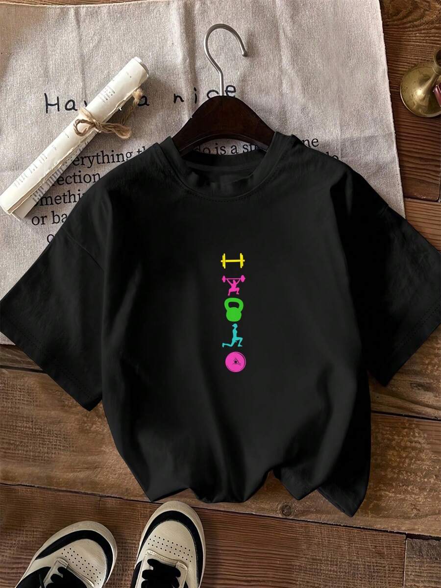 Women's Casual Holiday T-Shirt, Short-Sleeved Crew Neck T-Shirt, Available In Multiple Colors, One Size Fits Most, Features Silhouettes Of Weightlifting Bars, Figures Lifting Bars, Kettlebells, And Sports Figures, With Fitness-Themed Weight Plate Prints. , Suitable For Everyday Wear, Stylish, Suitable For All Seasons, Casual Wear. - 黑色 - 查看 1