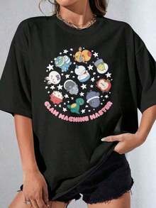 Playera minimalista modernaCamiseta gráfica de gran tamaño de máquina de garras, Amor y Espacio Profundo, camiseta de algodón suave para amantes de otome, ropa casual, moda de primavera, diseño divertido y juguetón, camiseta clásica de algodón pesado de manga corta unisex, camiseta gráfica impresa, top casual de verano de manga corta para mujeres - Negro - Ver 5