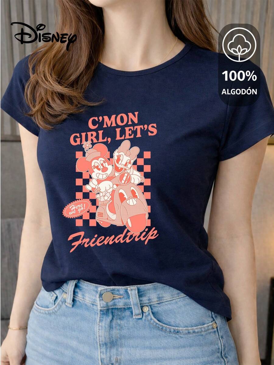 Women's T-Shirt Made Of 100% High-Quality Cotton. This T-Shirt Guarantees Exceptional Softness To The Touch, A Round Neck With A "Disney Minnie & Daisy Friendtrip" Print, And Short Sleeves. - 藏蓝色 - 查看 1