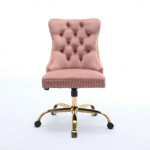 Home Office Chair, Modern Velvet Upholstered Office Chair With Button Tufting And Gold Metal Base, Adjustable Swivel Desk Chair (Black), DE1923BK - 粉色 - 查看 1
