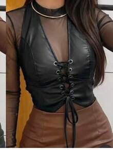 Women's Corset In Faux Leather With Front Lacing - màu đen - Xem 2