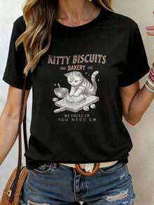 100% Cotton, 1 Piece. Short-Sleeve T-Shirt With Kitten And Cookie Print, "We Knead Em You Need Em" Bakery Design, Casual Graphic Tee For Women, Fun Animal Print Tee, Anime Style, Suitable For Parties, Sports, And Other Holiday Gifts. 100% Cotton. Simple Solid Color Women's T-Shirt, Loose And Fitted Cut, Casual Short-Sleeve. - 黑色 - 查看 7