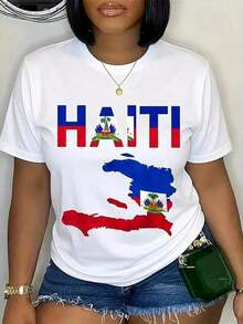 Unisex Casual T-Shirt, Graphic Design With The Haitian Flag, Print "Happy Haitian Flag Day", "Cool Haiti Flag Map Haitian Pride", "Say You Swear Grunge Album 67 Eat Sleep Goon Repeat 90s Good Casual Short Sleeve Rifle Quick-Dry Moisture-Wicking Crew Vintage In Utero Print Anime", 100% Cotton, Durable. - 白色 - 查看 7
