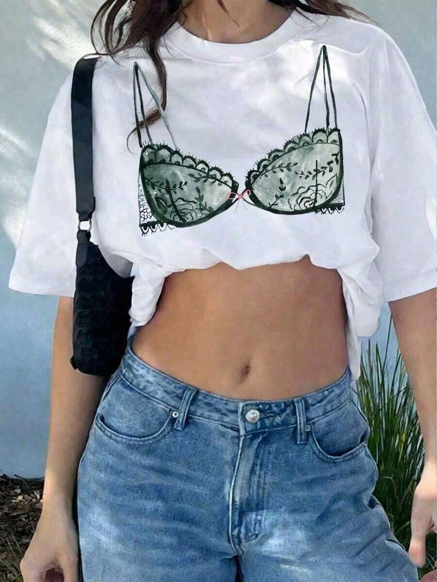 Camiseta de manga corta con estampado gráfico de bikini blanco y rosa para mujer, camiseta casual de cuello redondo para verano - Blanco 2 - Ver 1