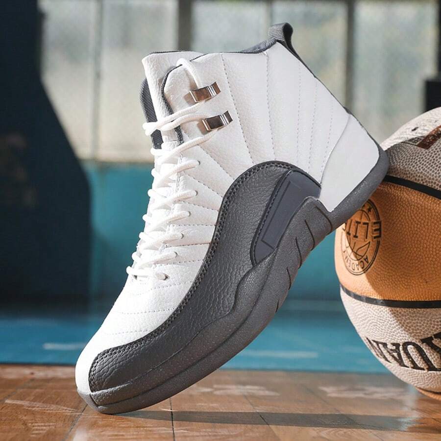 Men's White Grey High-Top Basketball Shoes Retro Cushioned Athletic Sneakers For Training & Streetwear - 白灰 - 查看 1
