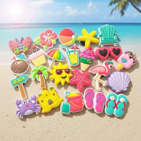 23pcs Beach Vacation Summer Theme Cartoon Animal Food Drink Shoe Charms, Multicolor Decorative Soft Silicone Fun Style Clog Decoration Sandal Accessories For Clogs Garden Shoes