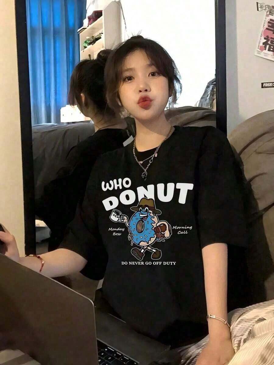 Women's T-Shirts, Spring/Summer Fashion, Short Sleeve T-Shirt With Fun Donut Print In Light Gray, Casual Loose Oversized Style, American Vintage Style For Women, Summer Black, Relaxed Style, Vintage Y2K, Casual For Vacation, Summer Sets For Women, Blouses For Women. - 黑色 - 查看 1