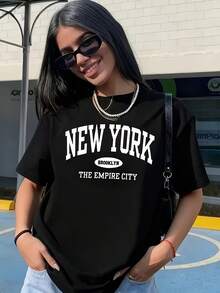 Camiseta de Mujer con Estampado de Nueva York Brooklyn Empire City, Cuello Redondo Ligero y Transpirable, Uso Diario y Ocasiones Especiales, Para Entusiastas de la Moda, Manga Corta, Material Suave, Diseño Moderno, Conjunto de Verano - Negro - Ver 1