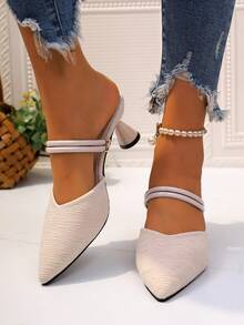 Sandalias de tacón bajo negras con punta cerrada para mujer, sandalias de moda con punta puntiaguda de ante, zapatos de mujer adecuados para bodas, fiestas y uso diario - Beis - Ver 5