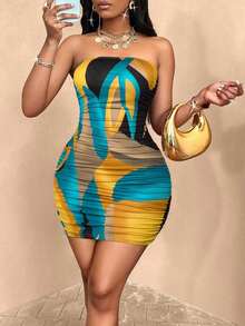Vestido tubo ceñido para fiesta con estampado de mármol (patrón aleatorio) - Amarillo - Ver 4