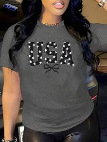 Women's Oversized Grey Summer 2026 T-Shirt With Shiny Black Rhinestone Bow. Oversized Grey T-Shirt With Shiny Bow, Ideal For Casual And Evening Outfits. - YH599-灰色 - 查看 1