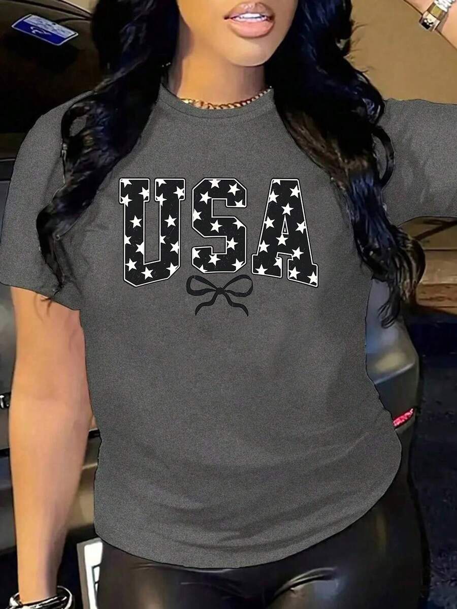 Women's Oversized Grey Summer 2026 T-Shirt With Shiny Black Rhinestone Bow. Oversized Grey T-Shirt With Shiny Bow, Ideal For Casual And Evening Outfits. - YH599-灰色 - 查看 1