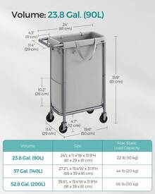 SONGMICS Laundry Basket With Wheels, Rolling Laundry Hamper, 23.8 Gallons (90 L), Removable Liner, Steel Frame With Handle, 24 X 11.4 X 31.9 Inches - 鴿灰色 - 查看 3