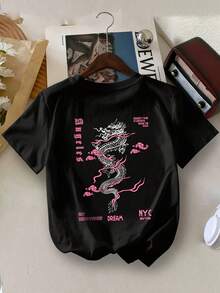 1 Camiseta Casual de Algodón para Mujer con Diseño de Dragón, Cuello Redondo, Tejido de Punto, Estampado Animal, Largo Regular para Todas las Estaciones - Negro - Ver 7