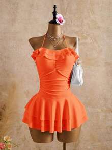 Bellisia 2026SS New Women's Swimwear Arrival For Holiday, Date, Western, Cruise, Beach, Island, Road Trip, All Seasons, Music Festival, Boho Vacation,Bohemian Vacation, Chill Autumn Boho Y2K Pleated Shorts, Elegant Vintage Casual Vintage Elegant Ruffled Pink Swimsuit Dress, Casual Beach Resort Swimwear For Women Cute Pink Dress Pink Club Dress Birthday Dress Sexy Summer Pink Tea Party Dress Pink Corset Dress Dress Bathing Suits Pink Dress Bathing Suit Cute Pink Swimsuit Pink Ruffled Swim Dress Halter Neck Swimwear Pink Layered Swim Skirt Pink Ruffled Swimwear Pink Swim Dress Birthday Dresses For Women Beautiful Dresses For Women Birthday Outfits For Women Women's Summer Outfits Ruffle Trim Dress - Burnt Orange - View 9