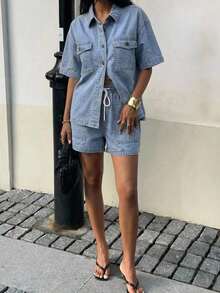 Conjunto de camisa casual lavada con bolsillo y shorts vaqueros para mujer, de verano - Azul - Ver 6