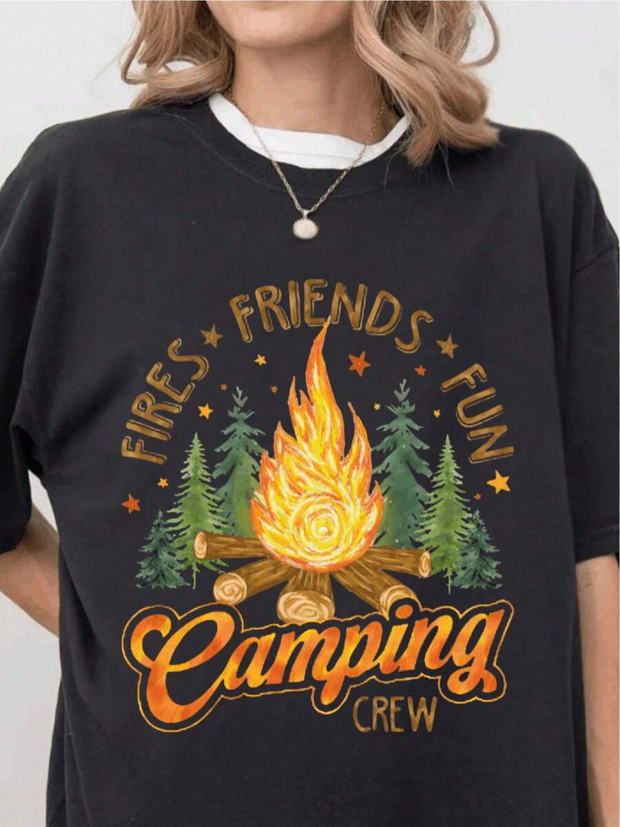 Women's Pure Cotton Vintage Camp T-Shirt - Designed For Friends, Campfires, And Camping Gear, Featuring Campfire And Tent Prints, Suitable For Family And Friend Outfits For Year-Round Outdoor Adventures. Casual Crew Neck T-Shirt, Ideal For Hiking, Campfires, And Camping Trips (Machine Washable) - With A Campfire And Pine Tree Design, Geometric Pattern, Loose Fit Suitable For All Seasons, Ideal For Camping Enthusiasts And Group Activities. Plain White T-Shirt. - 黑色 - 查看 1