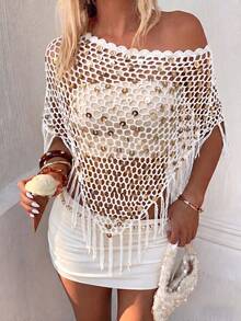 Khăn choàng nữ kiểu Boho móc len bóng bẩy, viền tua rua đính sequin, thích hợp cho mùa xuân/hè, đi biển, tiệc bể bơi, lễ hội âm nhạc. - trắng - Xem 2