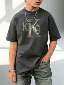 Short-Sleeved T-Shirt With Round Neck And "King" Print In Urban Style For Children - رمادي غامق - مشاهدة 8