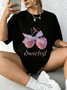 Camiseta de moda femenina de verano de manga corta camiseta de moda casual al aire libre 'cereza' estampada camiseta casual femenina suelta - Negro - Ver 1