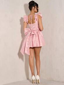 Vestido Rosa Jacquard con Cuello Cuadrado y Lazo en la Espalda, Vestidos Pastel para Mujer - Rosa - Ver 3