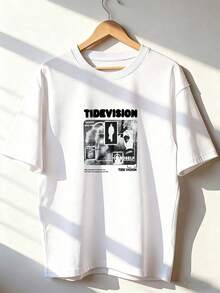 T-Shirt With "TIDEVISION" Text And Retro Screen Graphic,  Short-Sleeved T-Shirt For Spring And Summer 2026, Made In Mexico, 180 Grams. Cartoon Print, Couple Design, Suitable For Indoor Or Outdoor Wear. Crew Neck, Unisex, Ideal For Office And Leisure. One-Pack. - WH-P631577SLNDXZGY641 - Xem 2