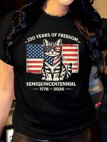 Women's T-Shirt With American Flag Print, Cat And Patriotic Glasses, Bandana Style, Round Neck, Short Sleeve, Suitable For Daily Outdoor Use, Perfect For All Seasons. - 黑色 - 查看 10