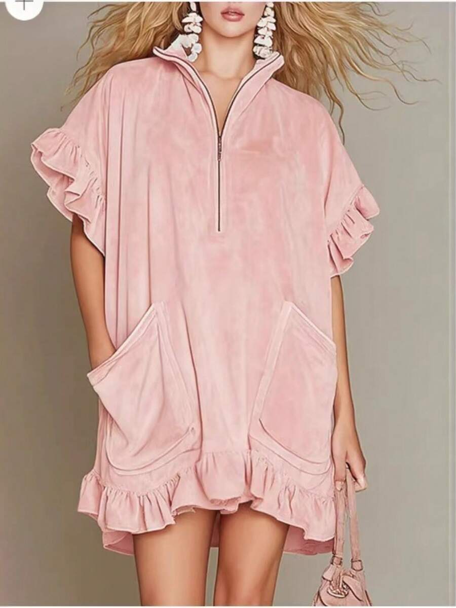 Vestido A-line con mangas cortas y volantes, dos bolsillos y cremallera, nueva colección primavera verano 2026 - Rosa - Ver 1