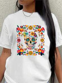 Camiseta de manga corta de poliéster, decorada con coloridos diseños de calaveras de azúcar y motivos florales, ligera y duradera, adecuada para uso casual diario, fiestas, festivales o sali - Blanco - Ver 7
