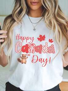 Soft Women's Casual Cotton T-Shirt - A Canadian-Themed Summer T-Shirt For Women - Maple Leaf And Beaver Design For Canada Day - Soft And Breathable Black T-Shirt With Red Lettering - Casual Wear For Everyday And Parties - Perfect Canada Day Gift - Machine Washable Short Sleeve T-Shirt, Comfortable Style, New Summer Fashion, Holiday Gift. Versatile Style Suitable For Summer Wear. Pattern - 白色的 - 查看 1