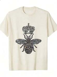 Women's Casual Summer T-Shirt, 1 Piece, 100% Pure Cotton, Bee Crown Print T-Shirt, Short Sleeve Round Neck T-Shirt For Spring And Summer, Breathable Pure Cotton Casual Sports Top, Holiday Gift - 杏色 - 查看 12