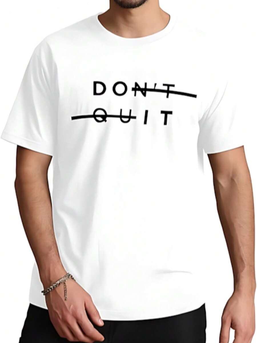 Men's "Don't Quit" Letter Print Short Sleeve T-Shirt, Crew Neck, Casual, Regular Fit, White - White - View 1