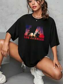 2026 Oversized Black Short Sleeve T-Shirt With Los Angeles Sunset Graphic, Casual Wear, Graphic Tees For Women, Casual Blouses For Women - 黑色 - 查看 8