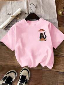 Plus Size White Casual T-Shirt With Round Neck, Printed With Cat Graphic "More Pasta, Less Stress" For Summer - 粉色 - 查看 2