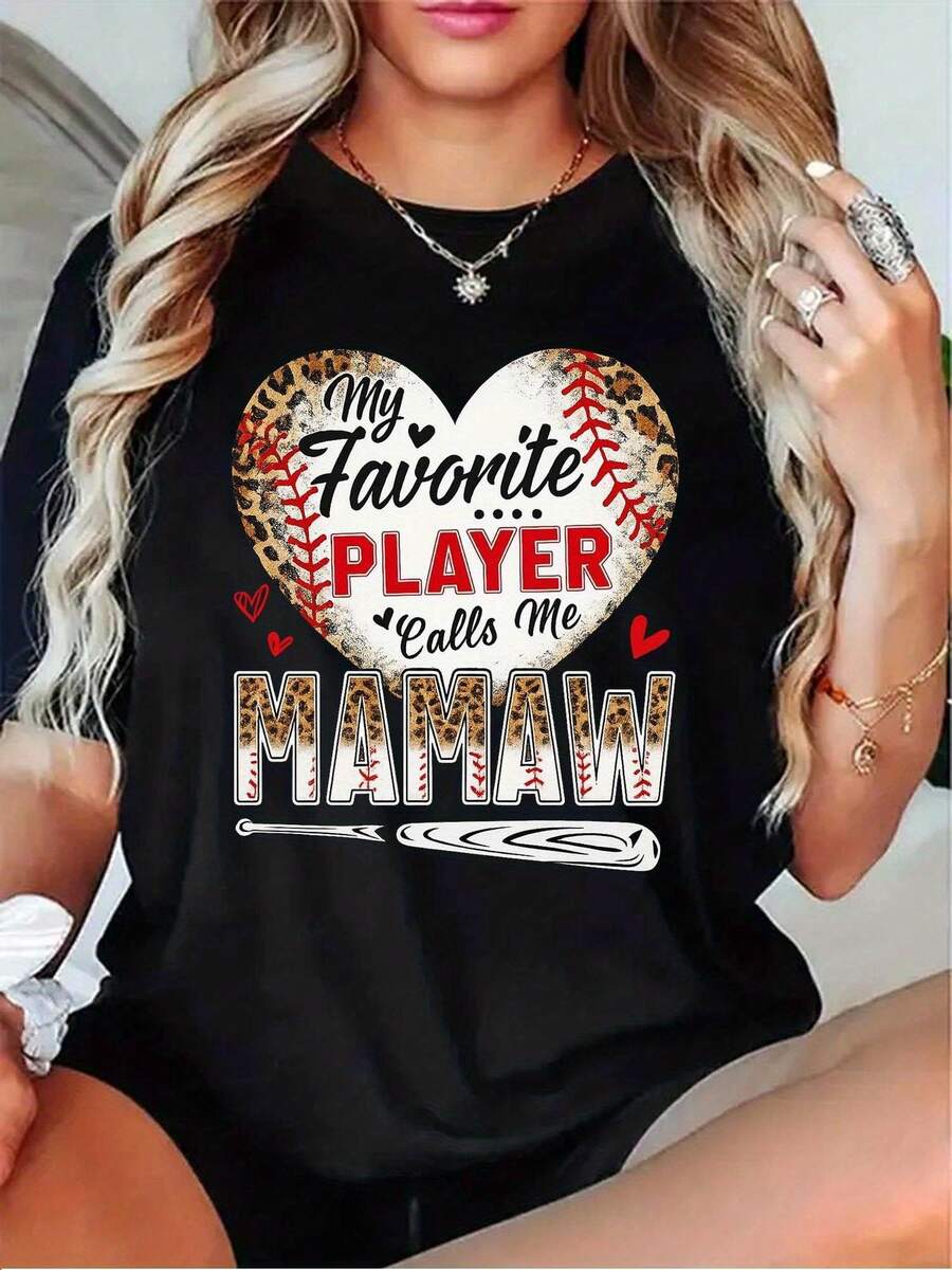 Camiseta Deportiva Casual para con Gráfico de Béisbol en Forma de Corazón y Texto - Camiseta Elástica de Cuello Redondo, Lavable aáquina, Ajuste Cómodo y Apta para Todas las Estaciones, para Uso Diario y Actividades Informales. - Negro - Ver 1