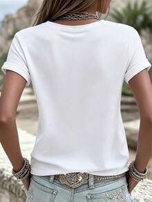 Blusa blanca de estilo retro Y2K para mujer talla grande, de manga corta, cuello redondo, con estampado de parches de efecto denim, casual, para verano - Blanco - Ver 2