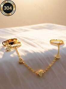 ZCNC 304 Stainless Steel 18K Gold Plated Heart Chain Ring Set, 3pcs/Set, Inlaid Pearl & Fully Paved Ring, Low Allergy, Fashion Jewelry, Perfect Mother's Day Gift, Summer Vacation Accessory - Gold - View 8