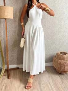 Elegantes blaues und weißes gestreiftes ärmelloses Neckholder-Rückenfreies Kleid für Damen, gerafftes Taillendesign, Boho-Stil Casual Urlaubskleid, geeignet für Sommerdates und den täglichen Gebrauch - Weiss - Übersicht 3