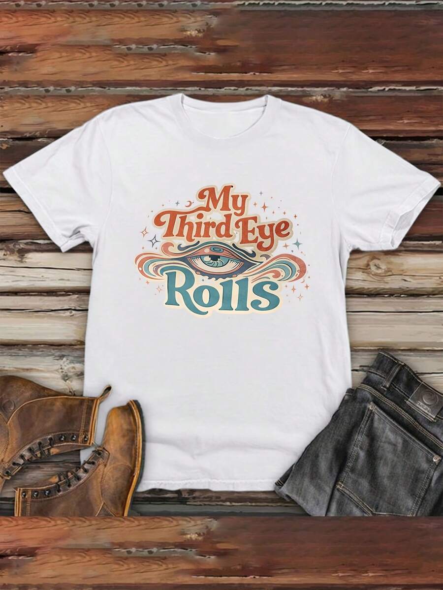 Camiseta Casual para Mujer con Estampado Creativo de "Ojo" y Diseño de Letras "Mi Tercero Ojo", Camiseta Cómoda - Blanco - Ver 1